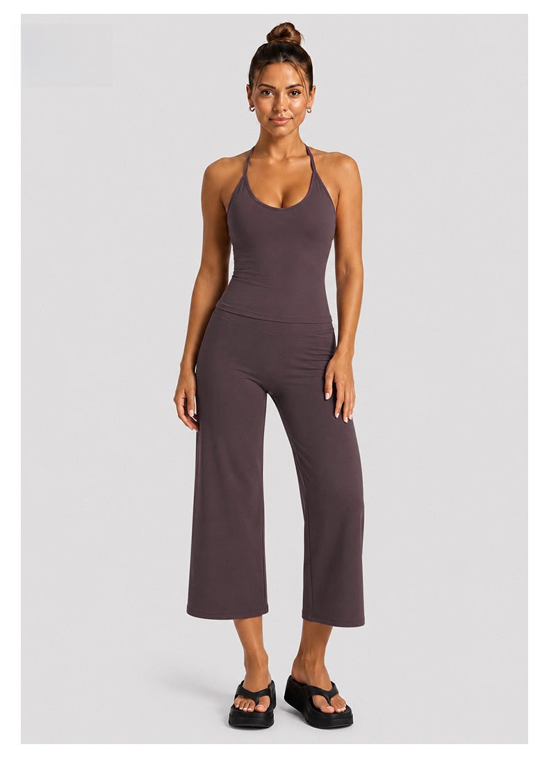 Sporty Calf-Length Yoga Jumpsuit For Women In Stretchy Nylon Fabric Featuring A Backless Design And Sleeveless Style