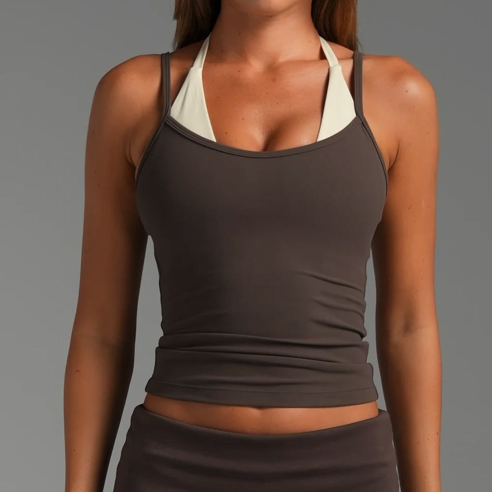 Women’s Color Block Nylon Vest With Strap Neckline, 2 In 1 Craft, Pullover Yoga Top