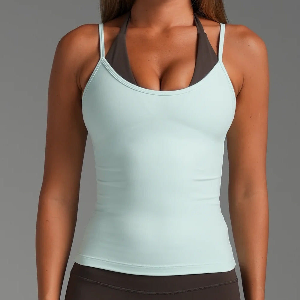 Women’s Color Block Nylon Vest With Strap Neckline, 2 In 1 Craft, Pullover Yoga Top