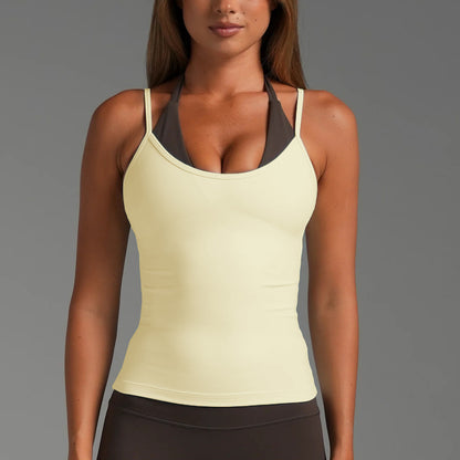 Women’s Color Block Nylon Vest With Strap Neckline, 2 In 1 Craft, Pullover Yoga Top