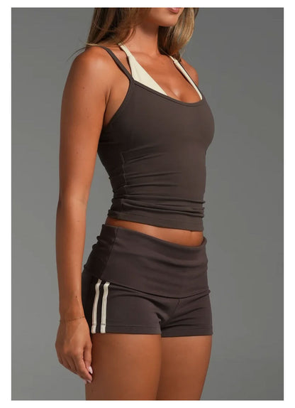 Women’s Color Block Nylon Vest With Strap Neckline, 2 In 1 Craft, Pullover Yoga Top