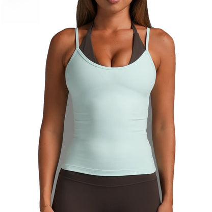 Women’s Color Block Nylon Vest With Strap Neckline, 2 In 1 Craft, Pullover Yoga Top