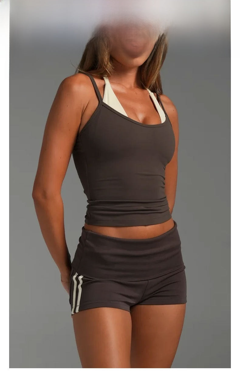 Women’s Color Block Nylon Vest With Strap Neckline, 2 In 1 Craft, Pullover Yoga Top