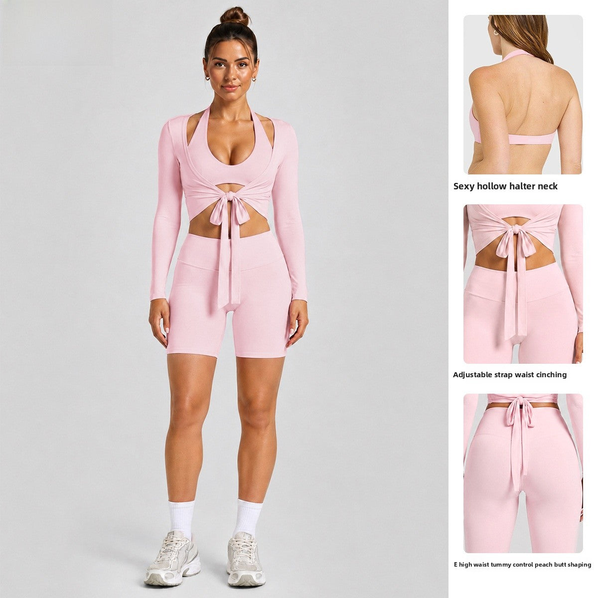 Solid Color Sport Yoga Shorts For Women In Nylon Fabric With Backless Design And High Elasticity