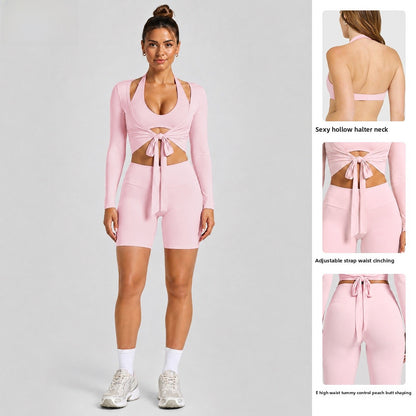 Solid Color Sport Yoga Shorts For Women In Nylon Fabric With Backless Design And High Elasticity