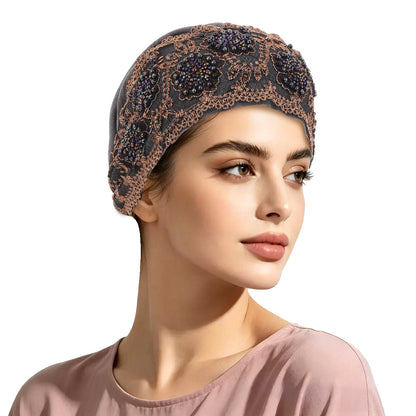 Women’s Brimless Lace Beanie Hat With Beading, Breathable And Stylish For Commute