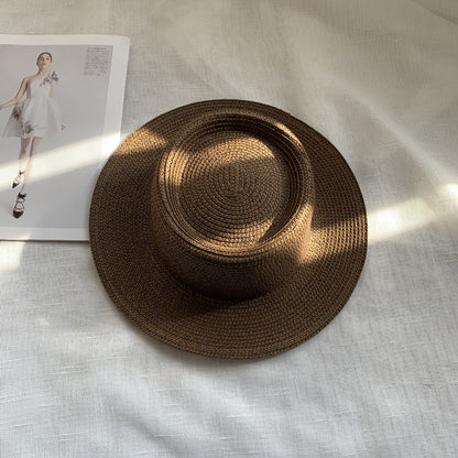 Women's Simple Style Solid Color Straw Hat With Wide Brim, UV Protection, Featuring Braid Craftsmanship