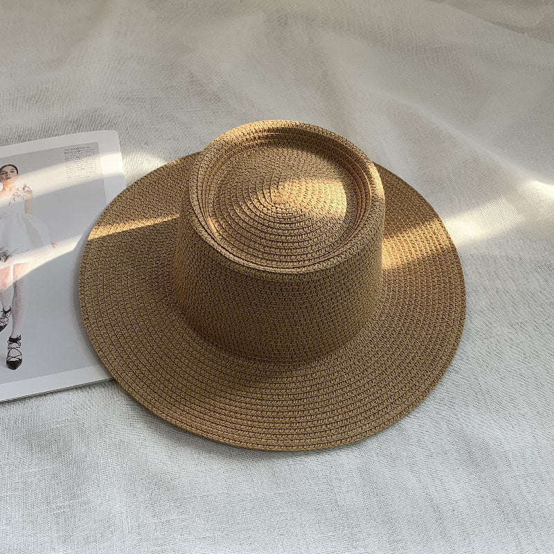 Women's Simple Style Solid Color Straw Hat With Wide Brim, UV Protection, Featuring Braid Craftsmanship