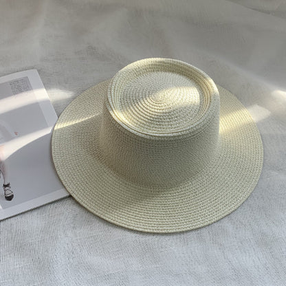 Women's Simple Style Solid Color Straw Hat With Wide Brim, UV Protection, Featuring Braid Craftsmanship