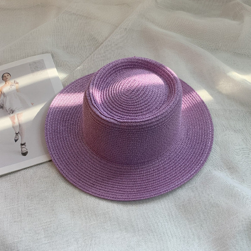 Women's Simple Style Solid Color Straw Hat With Wide Brim, UV Protection, Featuring Braid Craftsmanship