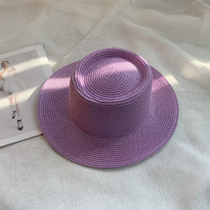 Women's Simple Style Solid Color Straw Hat With Wide Brim, UV Protection, Featuring Braid Craftsmanship