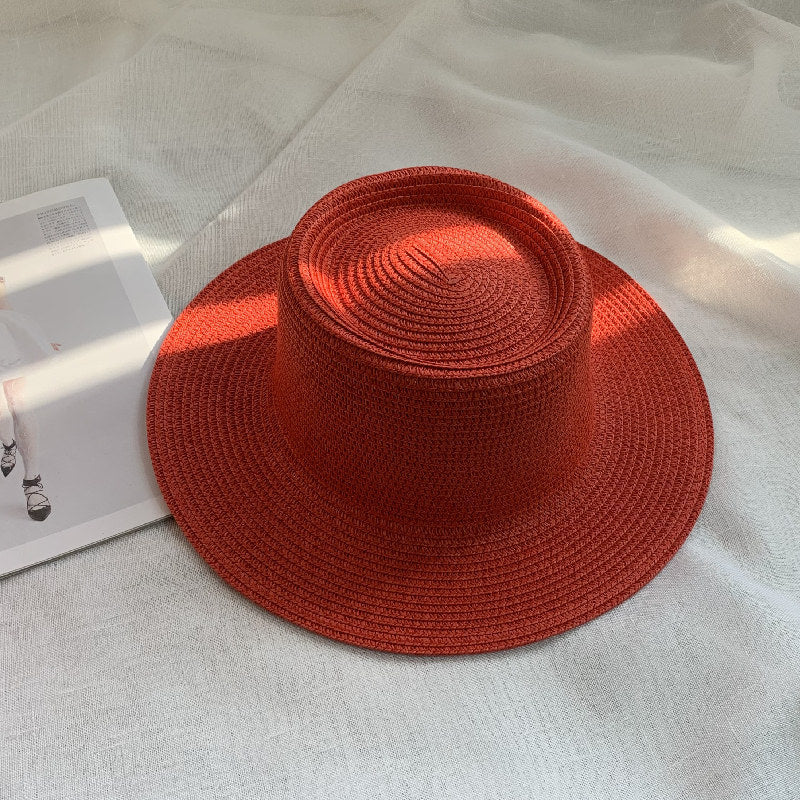 Women's Simple Style Solid Color Straw Hat With Wide Brim, UV Protection, Featuring Braid Craftsmanship