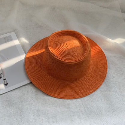 Women's Simple Style Solid Color Straw Hat With Wide Brim, UV Protection, Featuring Braid Craftsmanship
