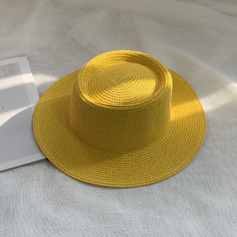 Women's Simple Style Solid Color Straw Hat With Wide Brim, UV Protection, Featuring Braid Craftsmanship