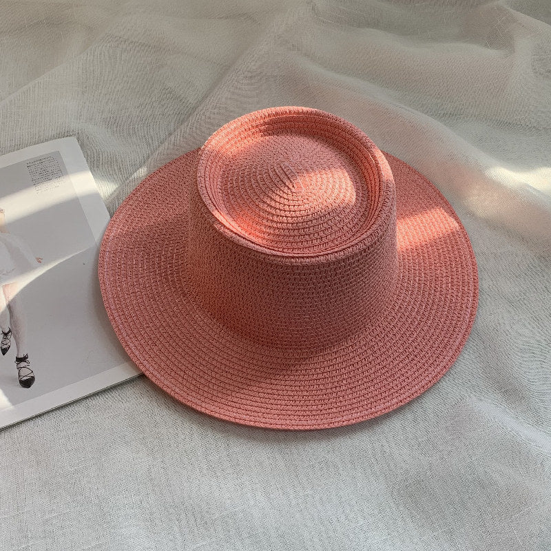 Women's Simple Style Solid Color Straw Hat With Wide Brim, UV Protection, Featuring Braid Craftsmanship