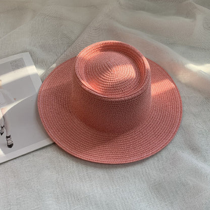 Women's Simple Style Solid Color Straw Hat With Wide Brim, UV Protection, Featuring Braid Craftsmanship