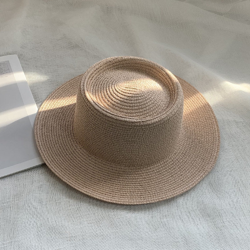 Women's Simple Style Solid Color Straw Hat With Wide Brim, UV Protection, Featuring Braid Craftsmanship