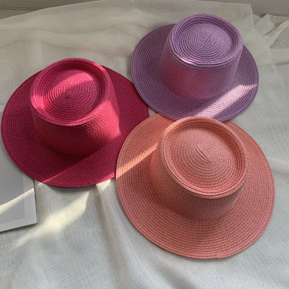 Women's Simple Style Solid Color Straw Hat With Wide Brim, UV Protection, Featuring Braid Craftsmanship