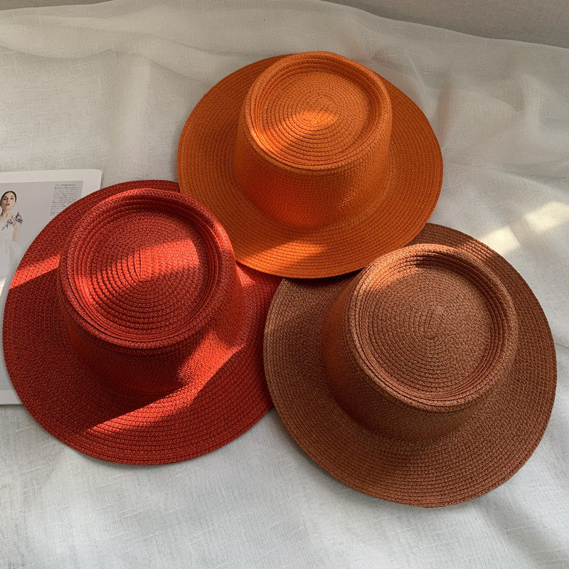 Women's Simple Style Solid Color Straw Hat With Wide Brim, UV Protection, Featuring Braid Craftsmanship