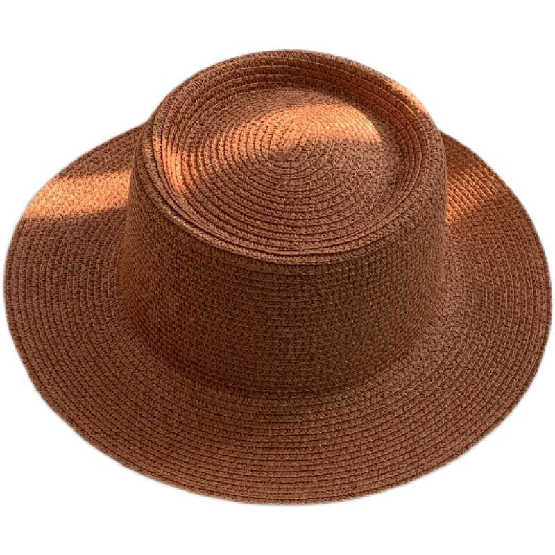 Women's Simple Style Solid Color Straw Hat With Wide Brim, UV Protection, Featuring Braid Craftsmanship