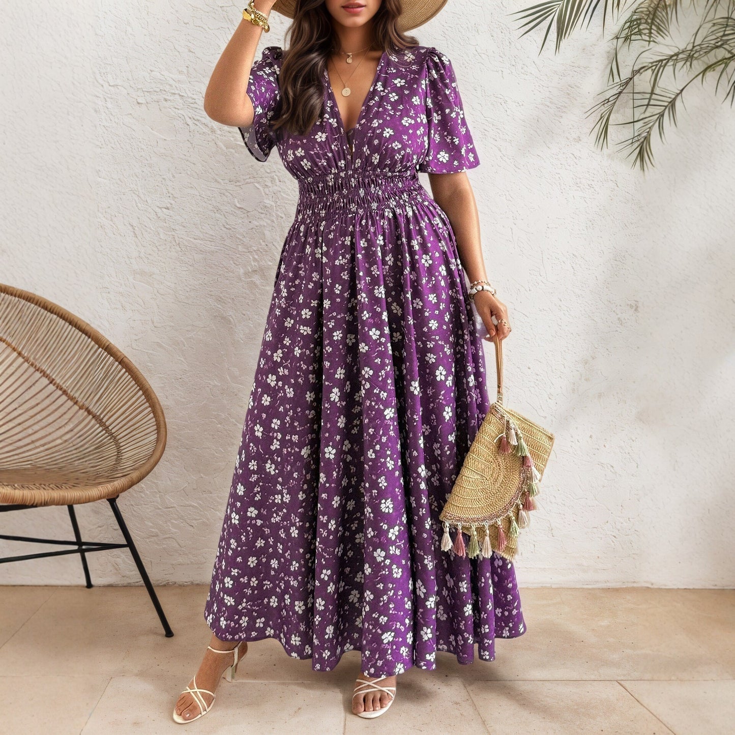 Women’s Ditsy Floral V Neck Polyester Floral Dress For Daily Vacation Wear In Plus Size