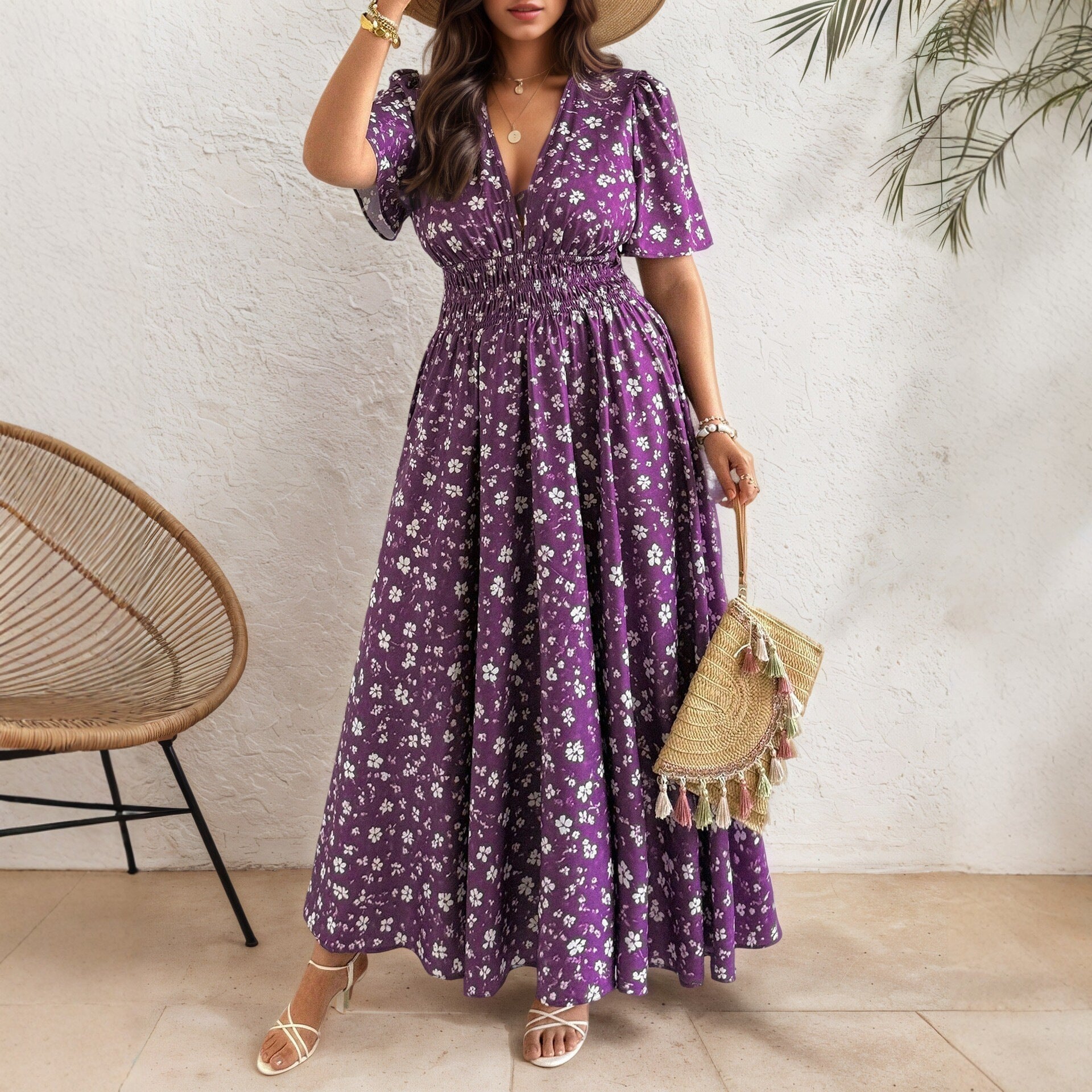 Women’s Ditsy Floral V Neck Polyester Floral Dress For Daily Vacation Wear In Plus Size