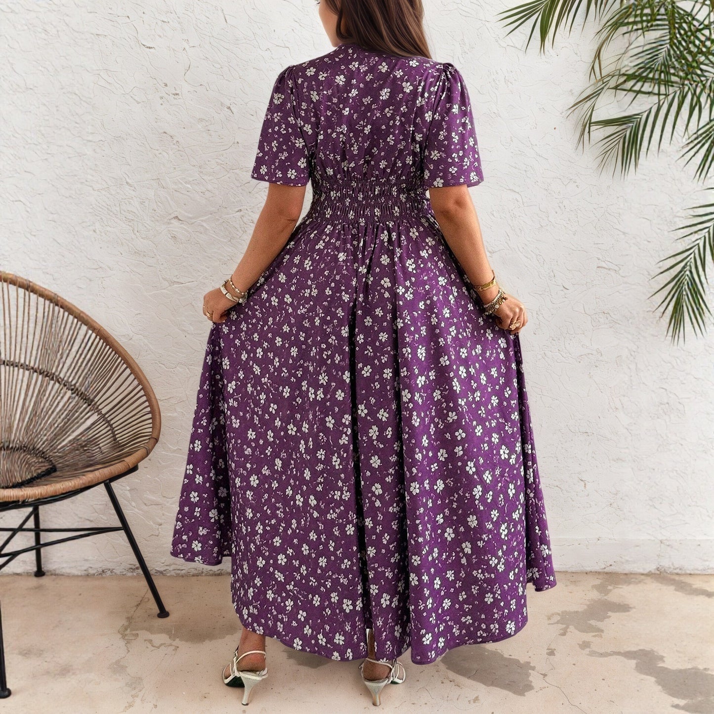 Women’s Ditsy Floral V Neck Polyester Floral Dress For Daily Vacation Wear In Plus Size