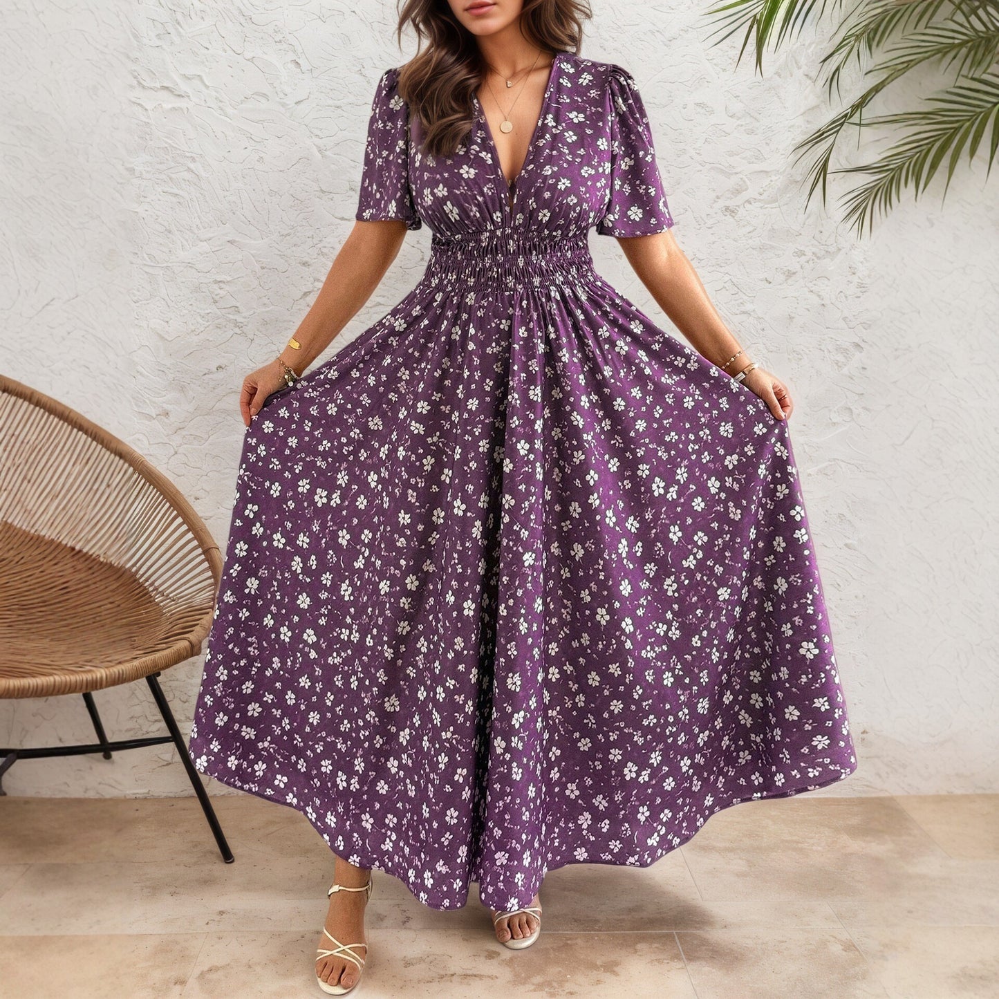 Women’s Ditsy Floral V Neck Polyester Floral Dress For Daily Vacation Wear In Plus Size
