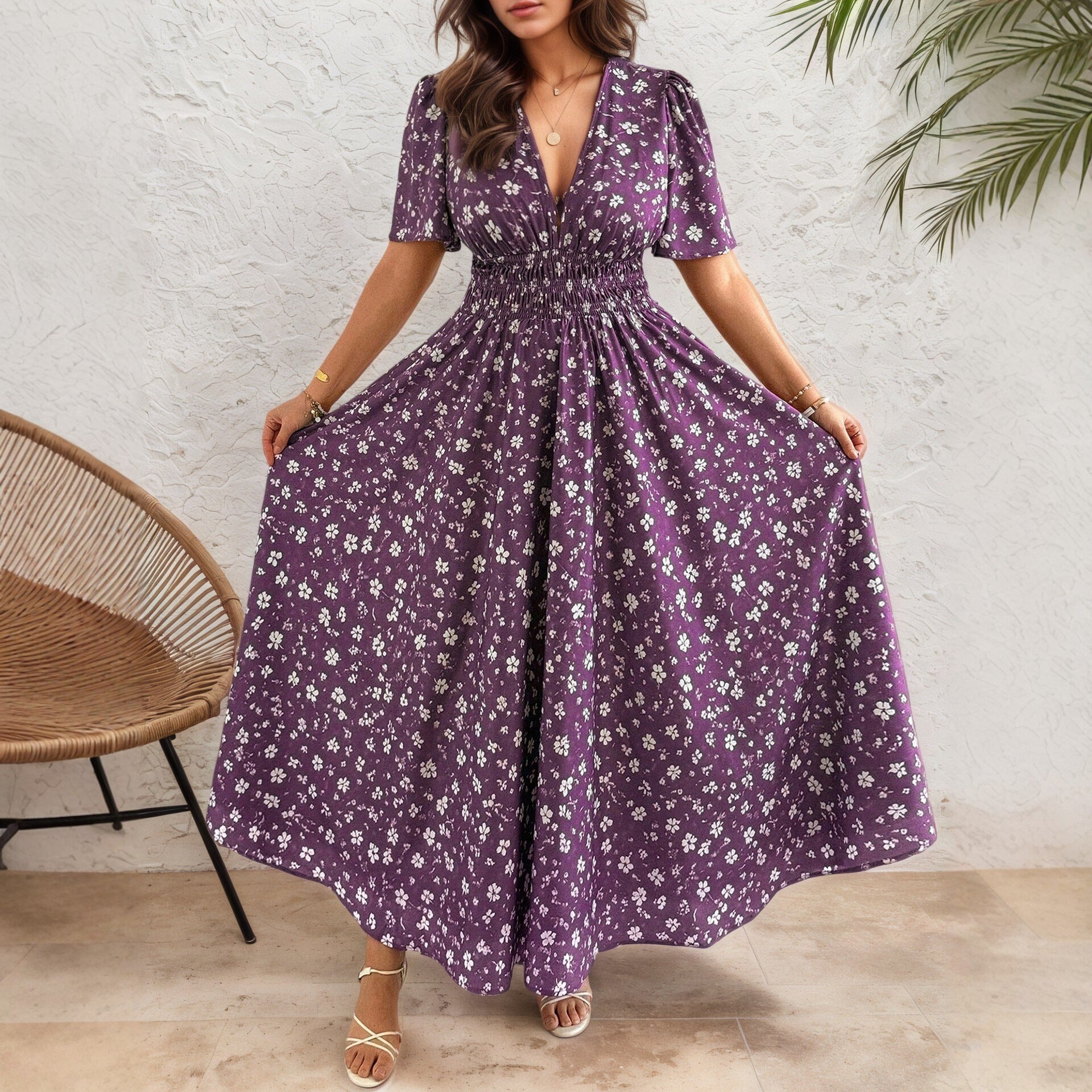 Women’s Ditsy Floral V Neck Polyester Floral Dress For Daily Vacation Wear In Plus Size