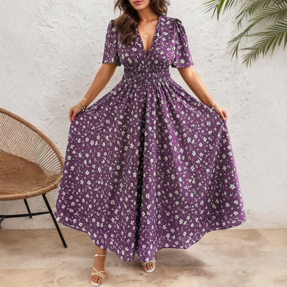 Women’s Ditsy Floral V Neck Polyester Floral Dress For Daily Vacation Wear In Plus Size