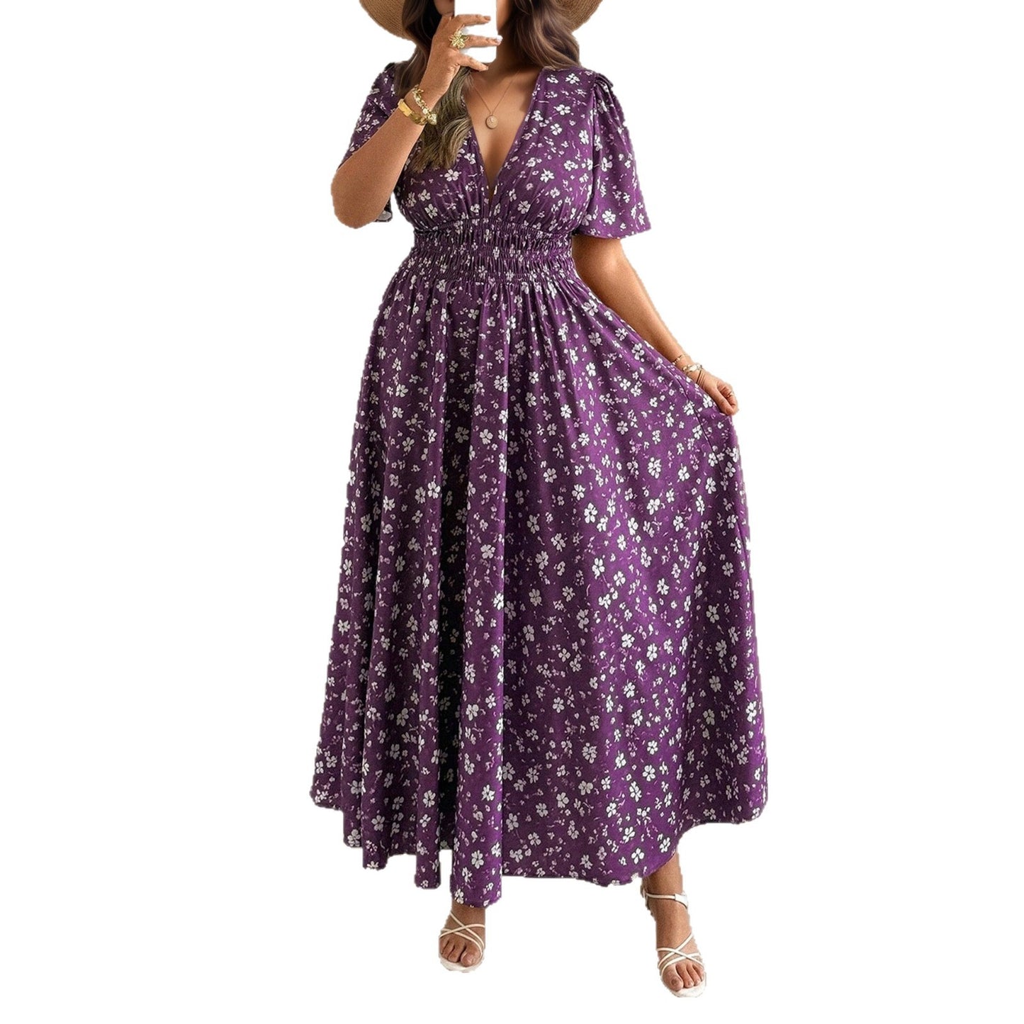 Women’s Ditsy Floral V Neck Polyester Floral Dress For Daily Vacation Wear In Plus Size