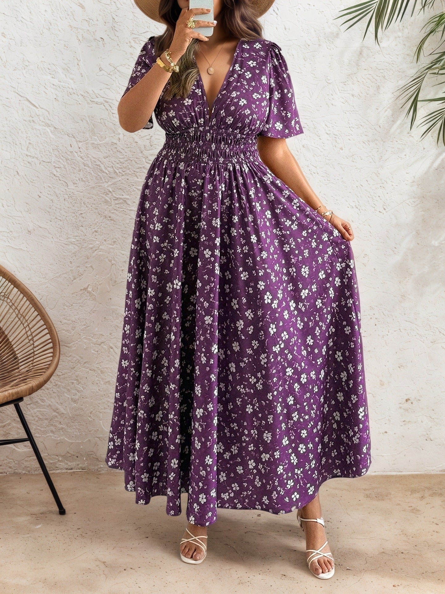 Women’s Ditsy Floral V Neck Polyester Floral Dress For Daily Vacation Wear In Plus Size