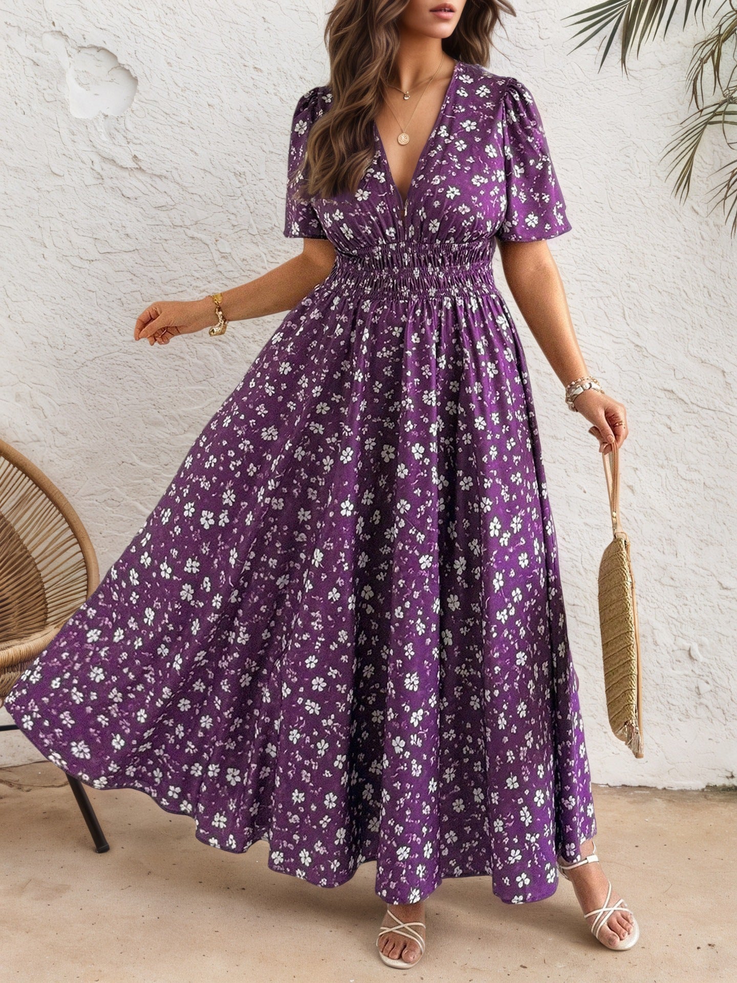 Women’s Ditsy Floral V Neck Polyester Floral Dress For Daily Vacation Wear In Plus Size