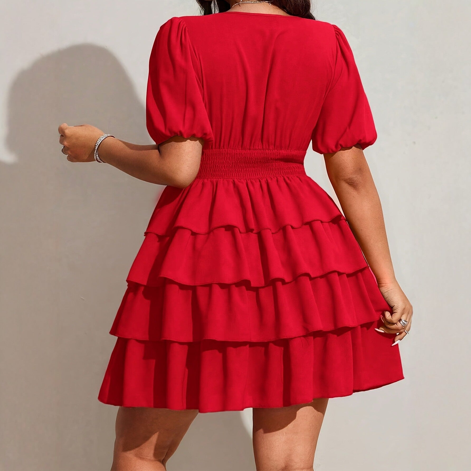 Solid Color Women’s Short Sleeve V Neck Tiered Skirt Dress In Polyester For Vacation And Date