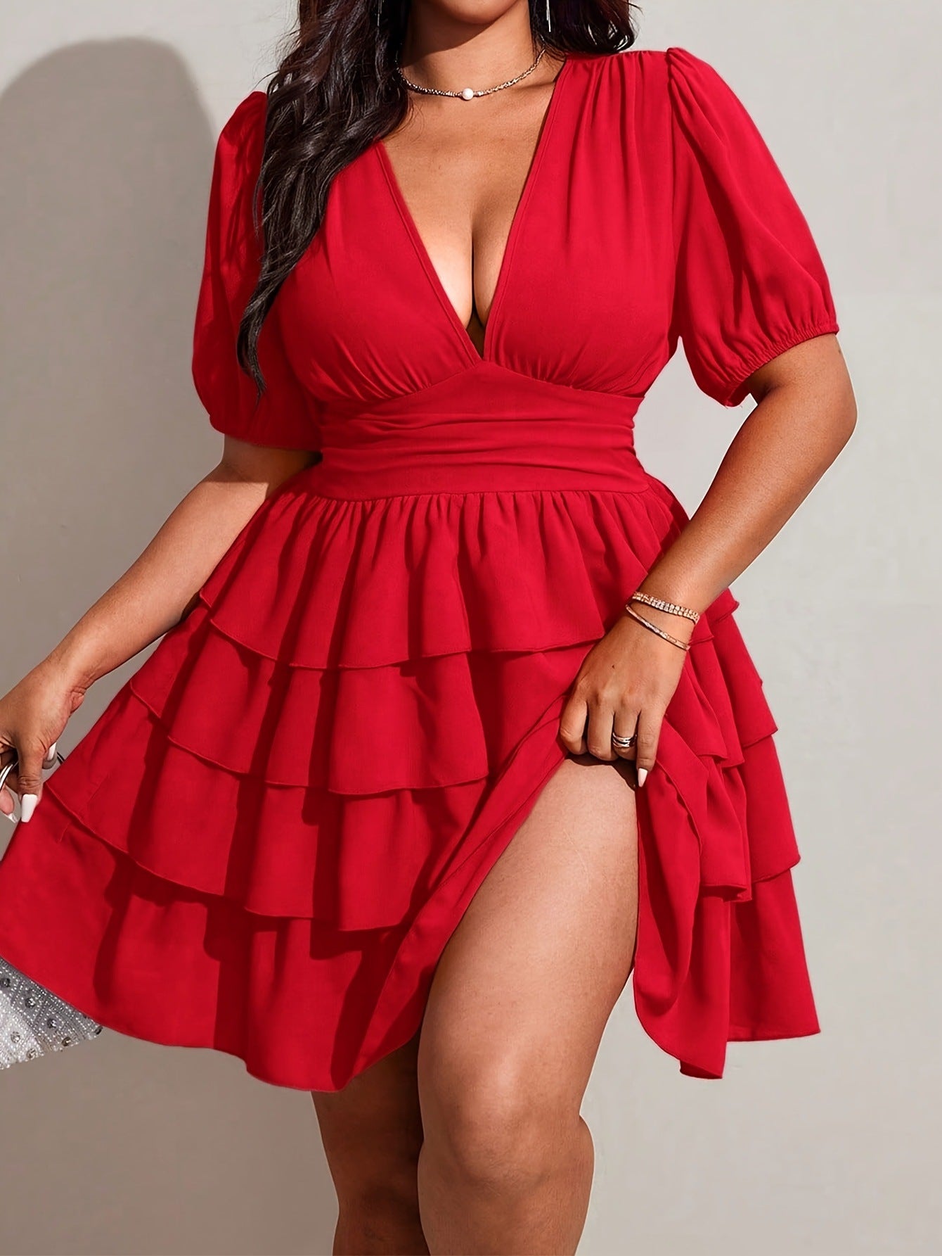 Solid Color Women’s Short Sleeve V Neck Tiered Skirt Dress In Polyester For Vacation And Date