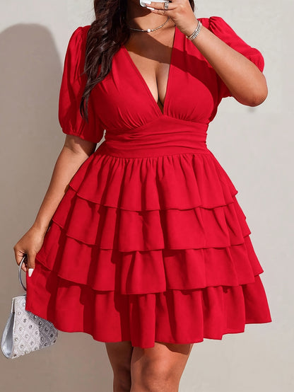 Solid Color Women’s Short Sleeve V Neck Tiered Skirt Dress In Polyester For Vacation And Date