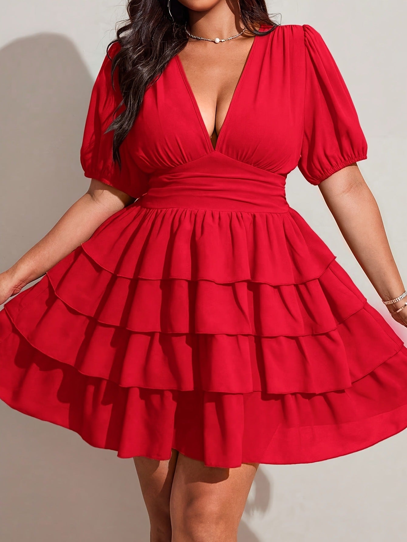 Solid Color Women’s Short Sleeve V Neck Tiered Skirt Dress In Polyester For Vacation And Date