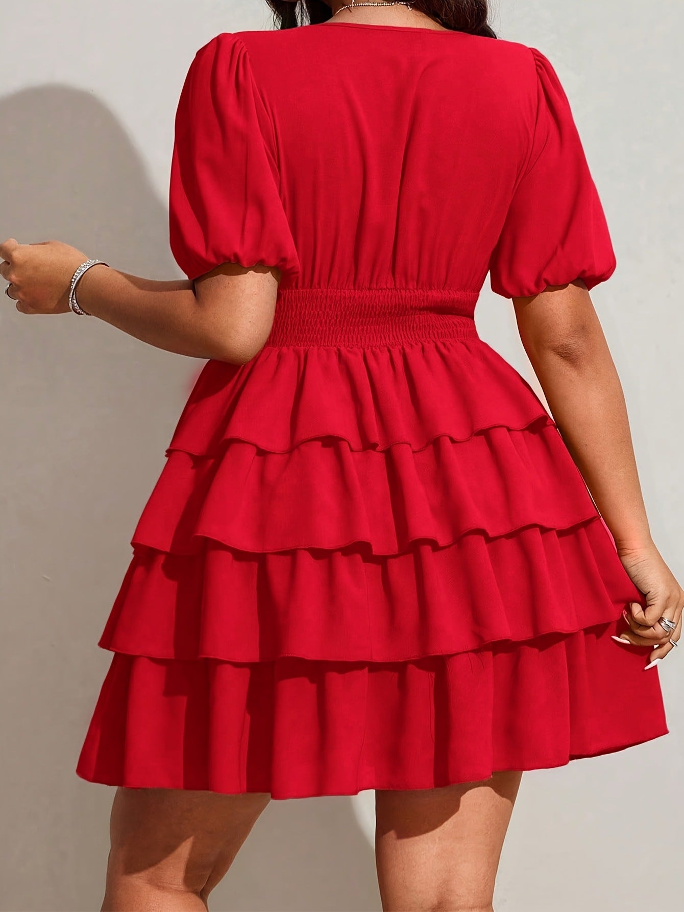 Solid Color Women’s Short Sleeve V Neck Tiered Skirt Dress In Polyester For Vacation And Date