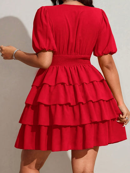 Solid Color Women’s Short Sleeve V Neck Tiered Skirt Dress In Polyester For Vacation And Date