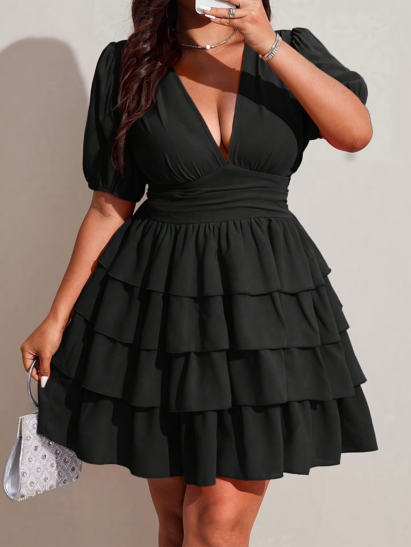 Solid Color Women’s Short Sleeve V Neck Tiered Skirt Dress In Polyester For Vacation And Date