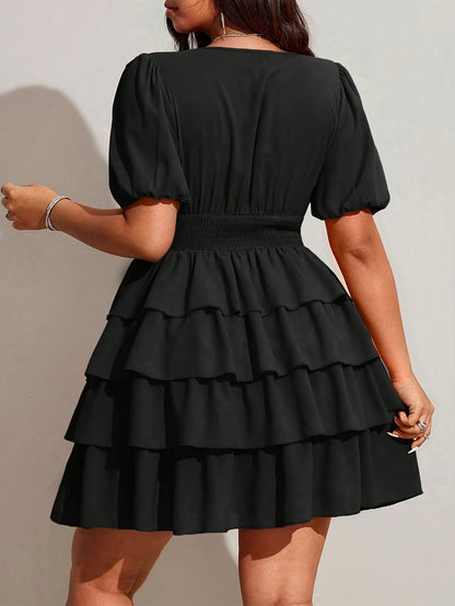 Solid Color Women’s Short Sleeve V Neck Tiered Skirt Dress In Polyester For Vacation And Date