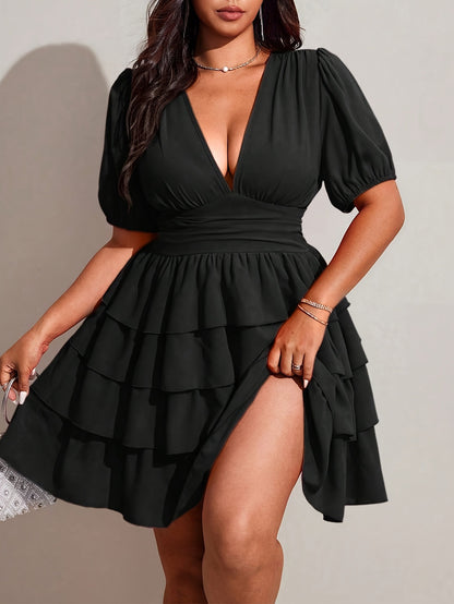 Solid Color Women’s Short Sleeve V Neck Tiered Skirt Dress In Polyester For Vacation And Date