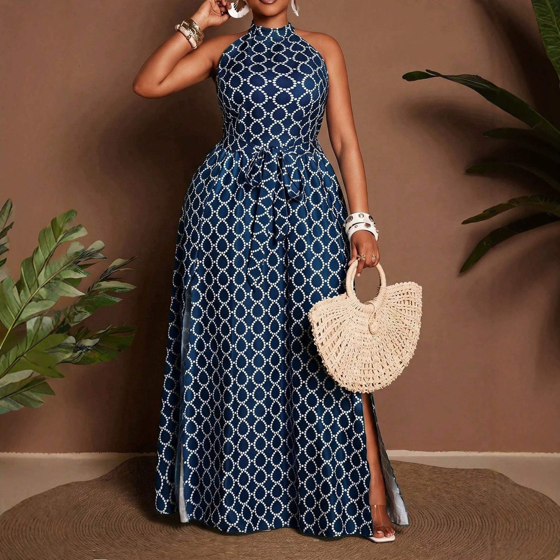 Geometric Sleeveless Halter Neck Slit Dress For Women In Polyester, Perfect For Vacation And Date Occasions