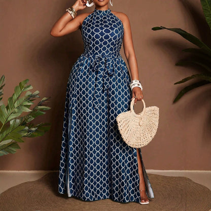 Geometric Sleeveless Halter Neck Slit Dress For Women In Polyester, Perfect For Vacation And Date Occasions