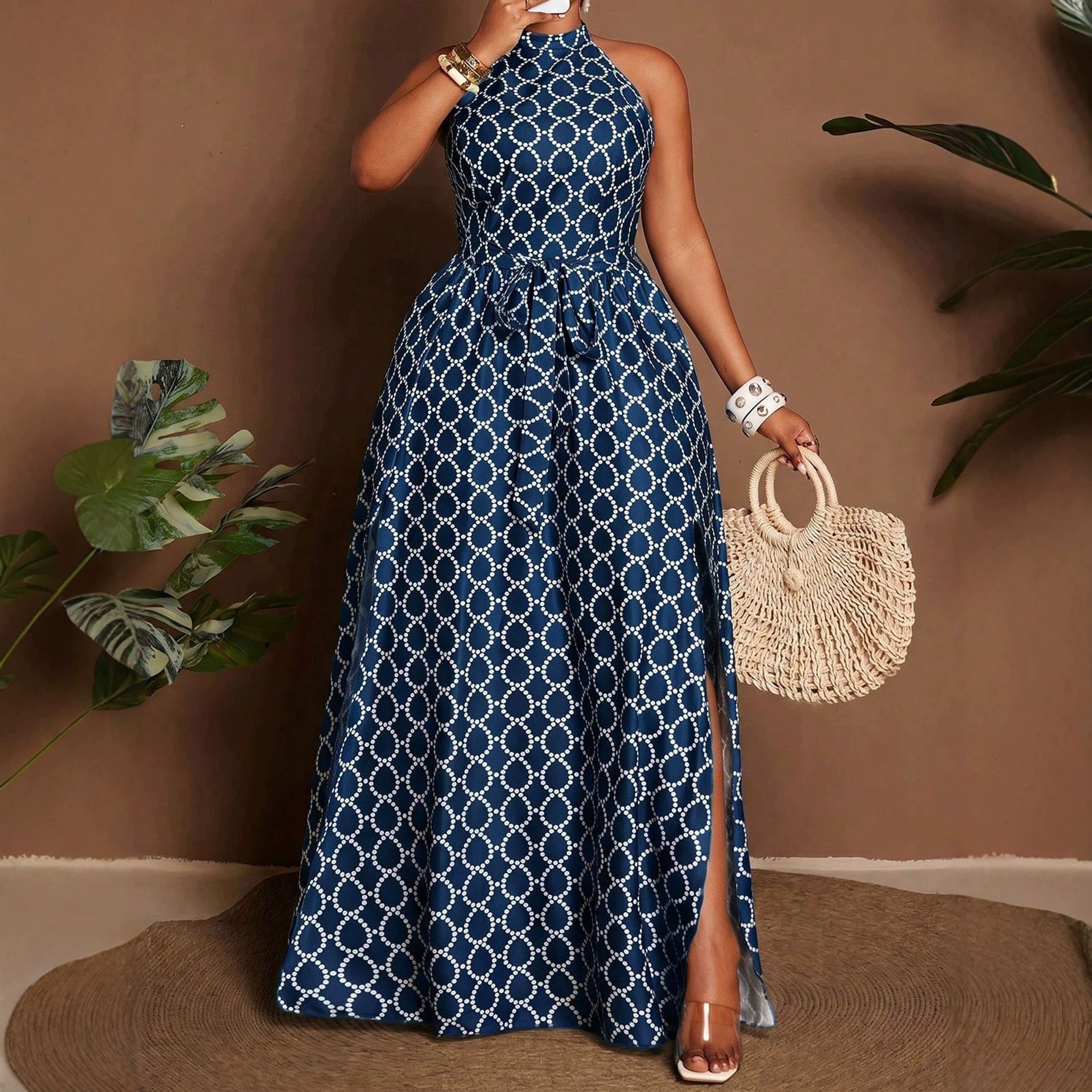 Geometric Sleeveless Halter Neck Slit Dress For Women In Polyester, Perfect For Vacation And Date Occasions