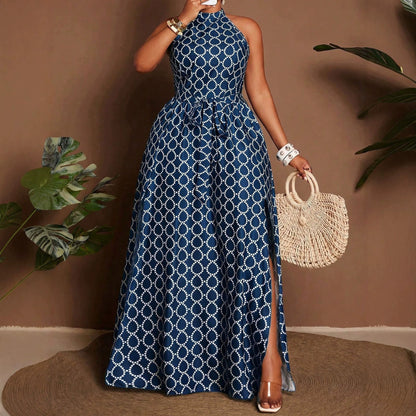 Geometric Sleeveless Halter Neck Slit Dress For Women In Polyester, Perfect For Vacation And Date Occasions
