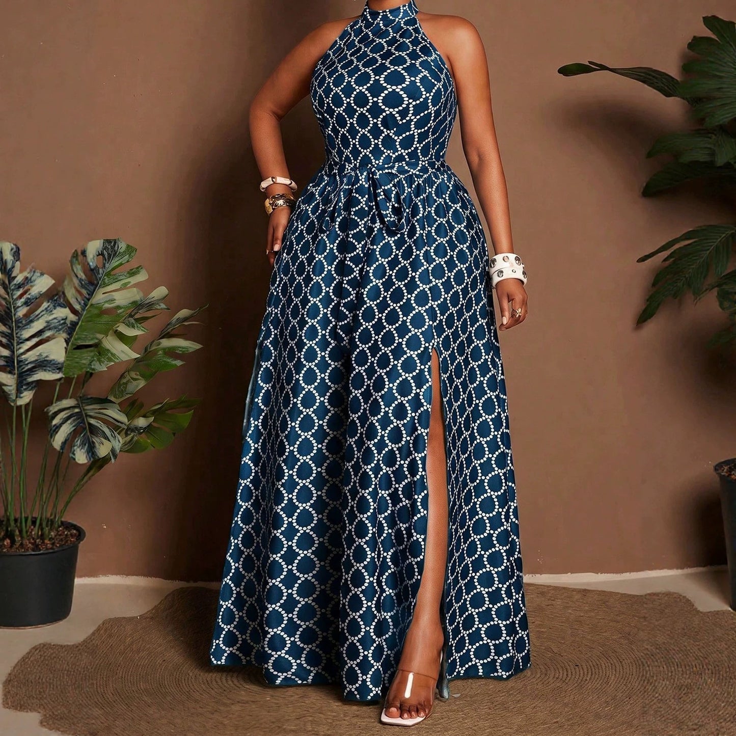Geometric Sleeveless Halter Neck Slit Dress For Women In Polyester, Perfect For Vacation And Date Occasions