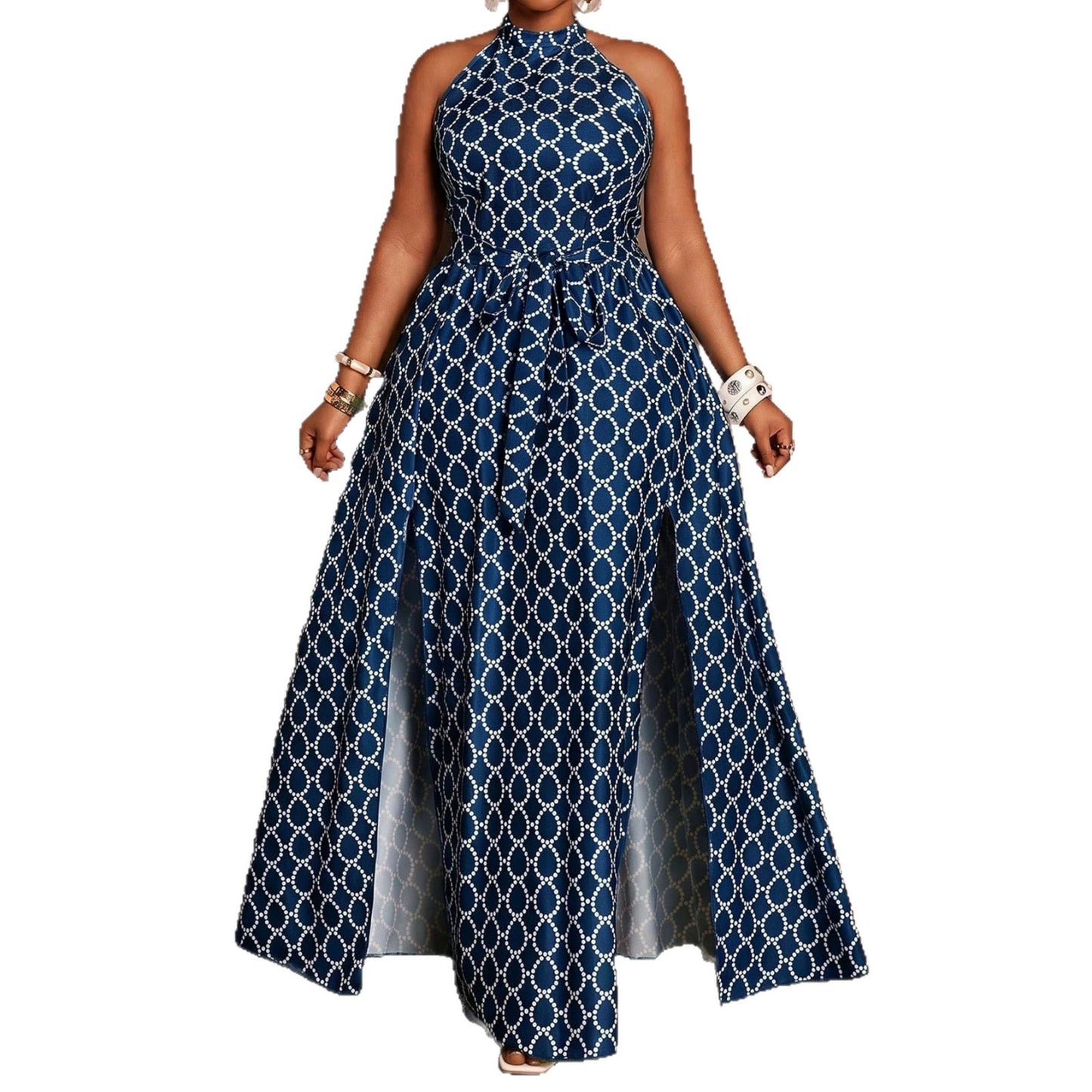 Geometric Sleeveless Halter Neck Slit Dress For Women In Polyester, Perfect For Vacation And Date Occasions