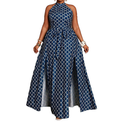 Geometric Sleeveless Halter Neck Slit Dress For Women In Polyester, Perfect For Vacation And Date Occasions