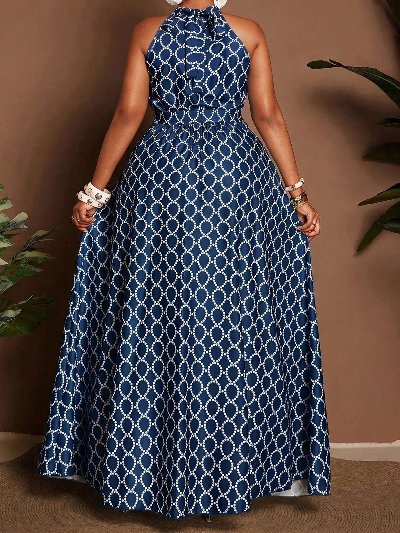 Geometric Sleeveless Halter Neck Slit Dress For Women In Polyester, Perfect For Vacation And Date Occasions